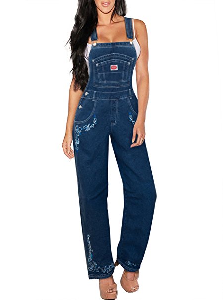 Revolt Jeans Women's Plus Size Denim Bib Overalls with Flower Embroidery Discount