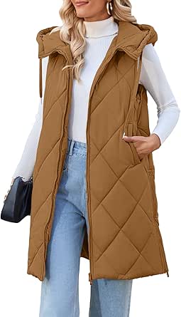 MEROKEETY Womens Sleeveless Quilted Long Puffer Vest Hooded Full Zip Jacket Coats with Pockets