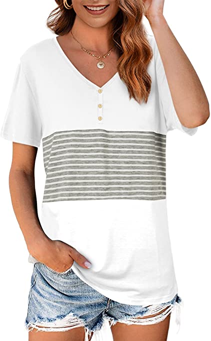 Womens Summer Tops Loose Fit Color Block Short Sleeve T Shirts Button Up