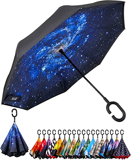 BAGAIL Double Layer Inverted Umbrella Reverse Folding Umbrellas Windproof UV Protection Big Straight Umbrella for Car Rain Outdoor with C-Shaped Handle(Blue Night Sky)