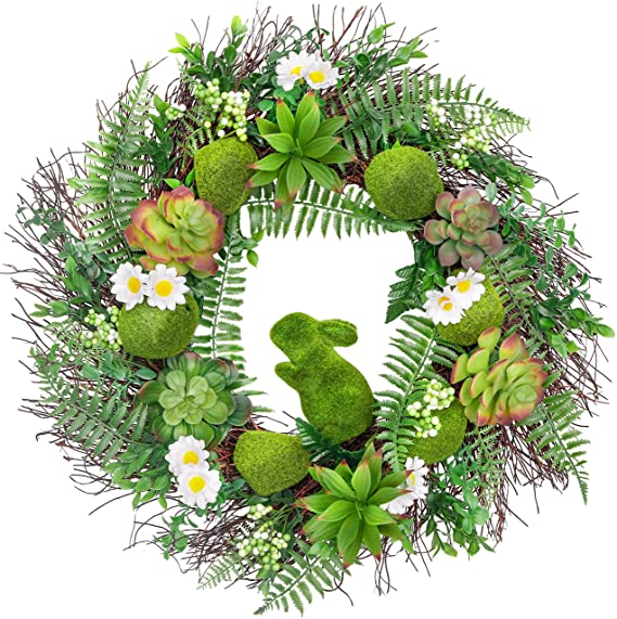 Valery Madelyn 24 Inch Woodland Spring Bunny Wreath with Succulents, Daisy and Artificial Fern for Front Door, Wall, Home and Mother's Day Decorations