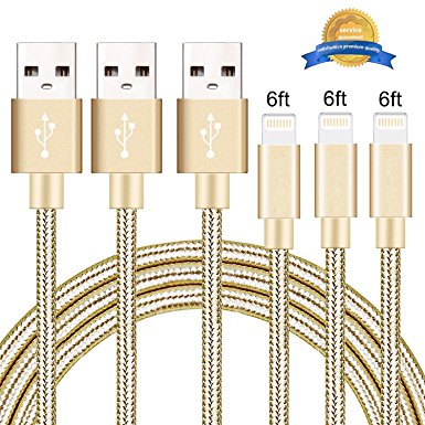 Ulimag Lightning Cable 3Pack 6FT Nylon Braided Certified iPhone Cable - USB Cord Charging Charger for Apple iPhone 7, 7 Plus, 6, 6s, 6 , 5, 5c, 5s, SE, iPad, iPod Nano, iPod Touch - (Gold)