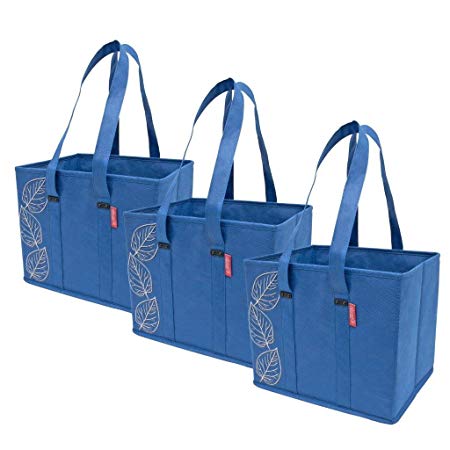 Planet E Reusable Grocery Shopping Bags – Large Collapsible Boxes With Reinforced Bottoms (Pack of 3, Navy)