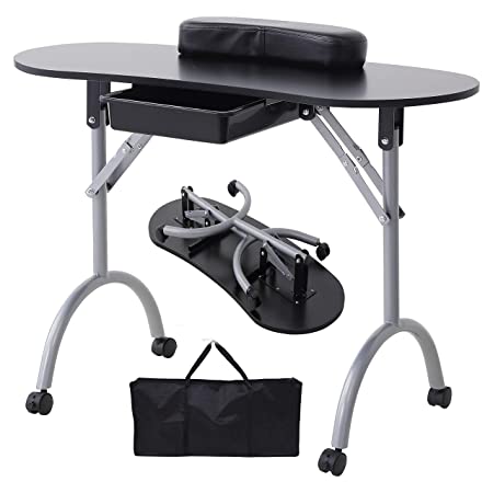 Nail Table -SUNCOO Manicure Station Portable Folding Nails Desk Spa Beauty Salon with Rolling Wheels,Sponge Wrist Cushion,Large Storge Drawer,Carry bag