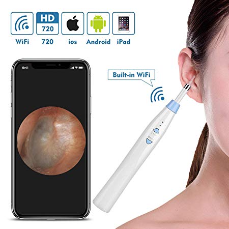 WiFi Ear Endoscope, Built in WiFi Wireless Digital Ear Otoscope Inspection Camera Earwax Cleaning Ear Pick Spoon Tool with 6 Led Lights Borescope for iPhone, Android Smartphone, iPad
