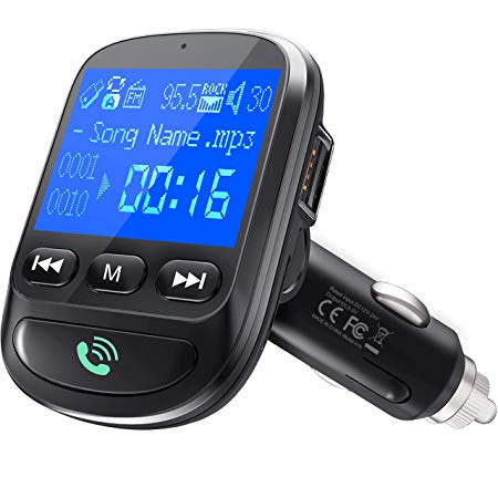 ToHayie QC 3.0 Bluetooth FM Transmitter Wireless Radio Adapter Hands-Free MP3 Player FM Transmitters Car Charger Kit, 1.44 Inch Display, 2 USB Ports, U Disk, TF Card, AUX Input/Out - Black