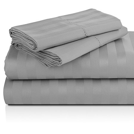 Luxor Linens Lorenzo Luxurious 1000-Thread-Count 100% Mercerized Egyptian Cotton 4-Piece Striped Sheet Set - Extra Long Staple, Crisp & Cool - 4 Sizes & 13 Colors Available - Full - Grey
