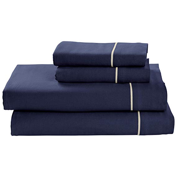 Rivet Contrast Hem Breathable Cotton Linen Sheet Set, Queen, Navy/Mushroom