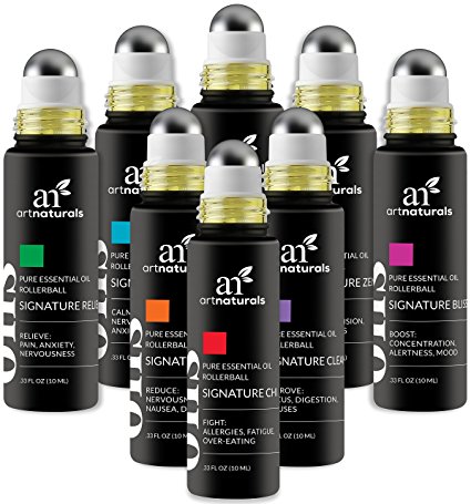 ArtNaturals Essential Oils Roller Bottles - (8 x 10ml) - Aromatherapy Roll On Blend 8 Piece Set - with Stainless Steel Balls - Made with Jojoba Oil - Assists with Sleep, Stress & Headaches – Signature Rollerball Collection