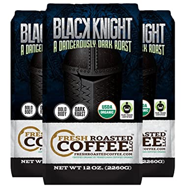 Fresh Roasted Coffee LLC, Black Knight Organic Coffee, Artisan Blend, Dark Roast, Fair Trade, USDA Organic, Ground Coffee, 12 Ounce Bag, 3 Pack