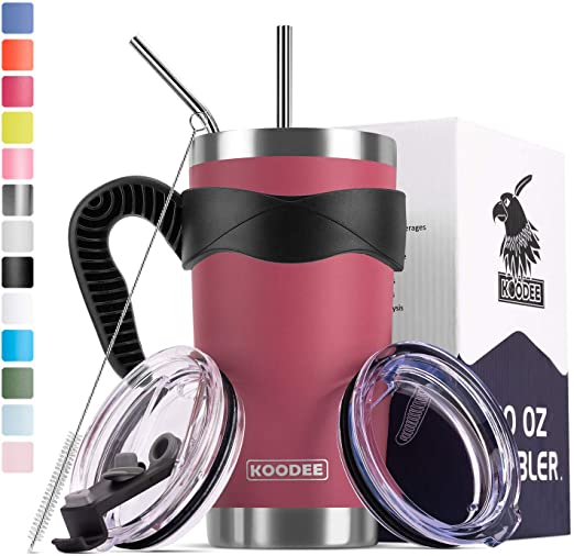 Koodee 20 oz Tumbler Stainless Steel Insulated Coffee Cup with 2 Straws and 2 Lids, Brush,Handle (20 oz, Wine Red)