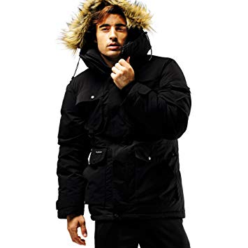 Fuerza Mens Winter Down Wellon Raccoon Fur Hooded Parka Jacket Coat - Black