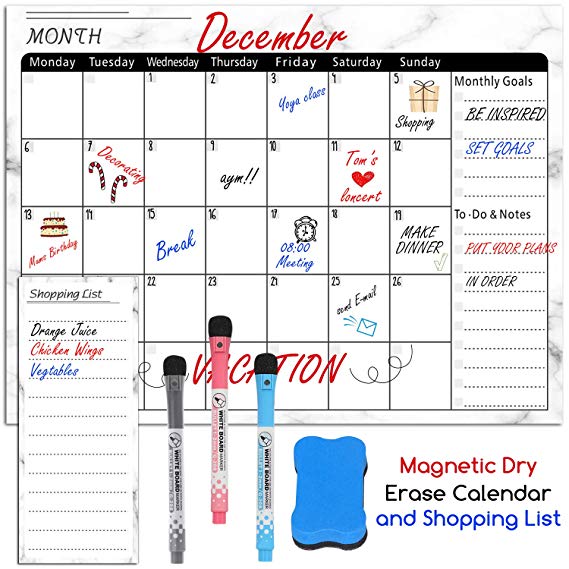 Tobeape Unique Marble Design Magnetic Dry Erase Calendar for Refrigerator with 3 Markers, Whiteboard Eraser & Magnetic Shopping List, White Board Calendar for Kitchen Fridge, 17" x 12" Monthly Weekly Daily Planner