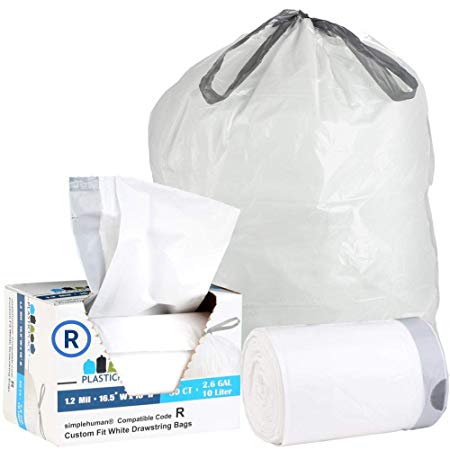 Plasticplace Custom Fit Trash Bags │ Simplehuman Code R Compatible (50 Count) │ White Drawstring Garbage Liners 2.6 Gallon / 10 Liter │ 16.5" x 18"