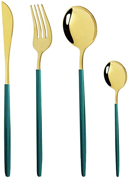 Gugrida 24 pieces Silverware Set - 18/10 Stainless Steel Reusable Utensils Flatware Set, Mirror Cutlery Green Gold Flatware Set, Great for Family Gatherings & Daily Use (Service For 6)
