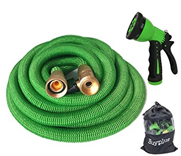 Buyplus Expandable Garden Hose with 8 Pattern Spray Nozzle and on/off Brass Valve(75FT, Green)