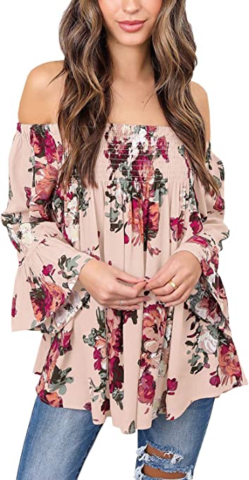 Women's Summer Chiffon Floral Off The Shoulder Tops Casual Shirts Blouses Long Bell Sleeve