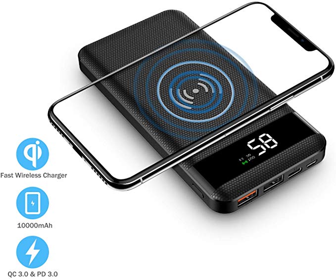 Portable Wireless Charger, Hokonui Wireless Portable Charger 10000 mAh Power Bank, 10W Fast Wireless Battery Pack 4 Outputs &3 Inputs, QC 3.0 & PD 3.0 for Cell Phone, iPhone, iPad,Samsung and More