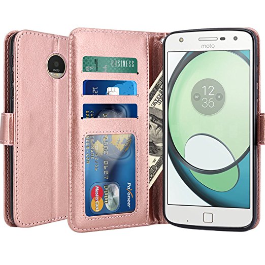 Moto Z Play Case, LK Luxury PU Leather Wallet Flip Protective Case Cover with Card Slots & Stand for Motorola Moto Z Play Droid (Rose Gold)