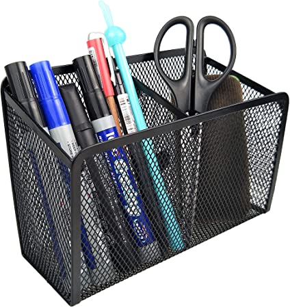 Black Wire Magnetic Pencil Holder - 2 Generous Compartments Magnetic Storage Basket Organizer - Extra Strong Magnets - to Hold Whiteboard, Refrigerator, Locker Accessories