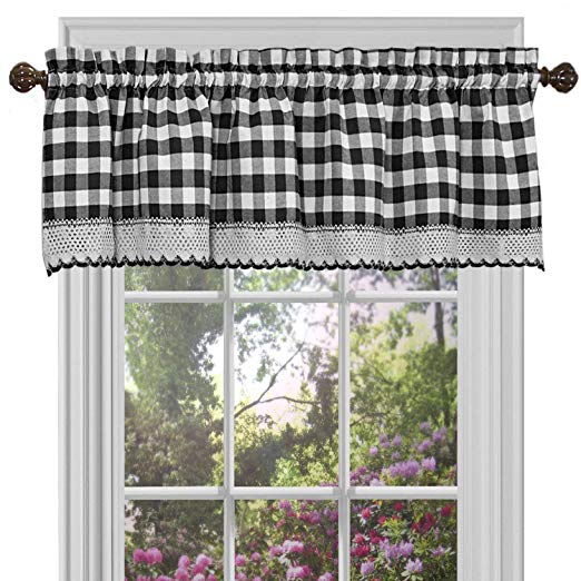 GoodGram Buffalo Check Plaid Gingham Custom Fit Window Curtain Treatments Assorted Colors, Styles & Sizes (Single 14 in. Valance, Black)