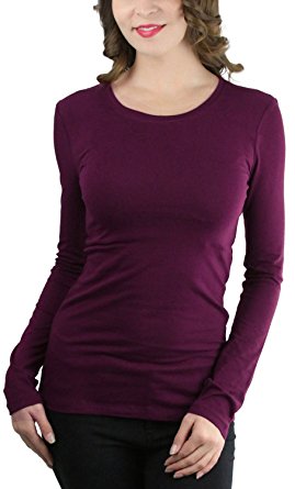 ToBeInStyle Women's Cotton-Blend Crew-Neck Staple Top with Long Sleeves