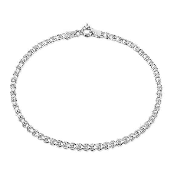 Amberta 925 Sterling Silver 2.3 mm Heart Chain Bracelet Size: 7 7.5 8 inch