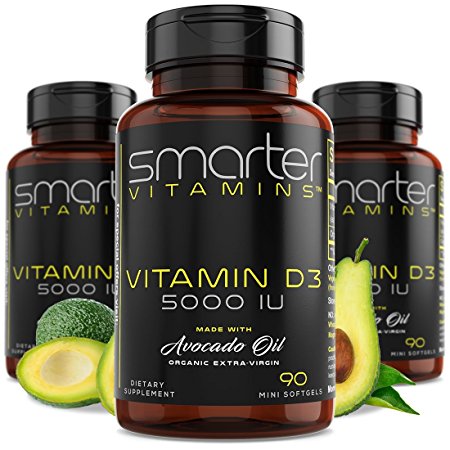 (3 bottles) SmarterVitamins VITAMIN D3 5000 IU in USDA Certified Organic Avocado Oil, 270 Mini Softgels, Non-GMO, Soy Free, Gluten Free, Supports Healthy Bones and Immune Function, 9 Month Supply