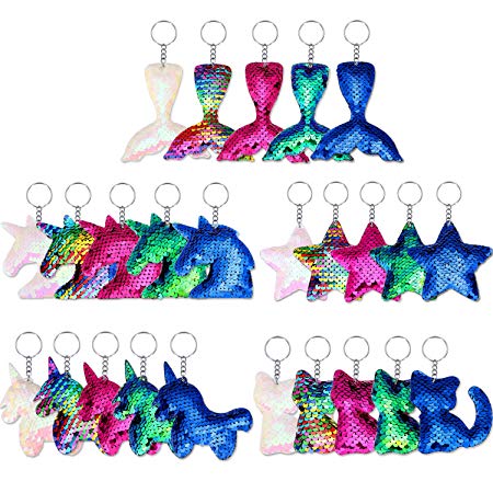 Yaomiao 25 Pieces Sequin Keychains Flip Sequins Keychain with Unicorn Mermaid Tail Cat Star Shape for Kids Girls Birthday Party Gifts