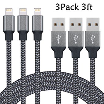 Sundix 3 Pack 3FT Nylon Braided Lightning to USB Cable Fast Sync Charging Cord Cable for iPhone 7, 7Plus, 6s, 6, 6Plus, 6sPlus, iPhone 5s 5 5c SE, iPad, iPod and More