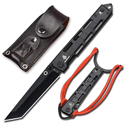 NedFoss EDC Knife, 8" Tanto Folding Knife with Slingshot, Stainless Steel Tanto Blade, Thumb Open Outdoor Camping Pocket Knife with Liner Lock and Pocket Clip