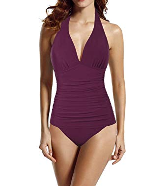 Hilor Women's Halter One Piece Swimsuits Shirred Tummy Control Swimwear Skirted Bathing Suits Monokinis