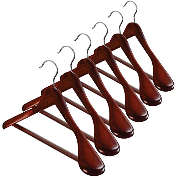 High-Grade Wide Shoulder Wooden Hangers 10 Pack with Non Slip Pants Bar - Smooth Finish Solid Wood Suit Hanger Coat Hanger, Holds upto 20lbs, 360° Swivel Hook, for Dress, Jacket, Heavy Clothes Hangers