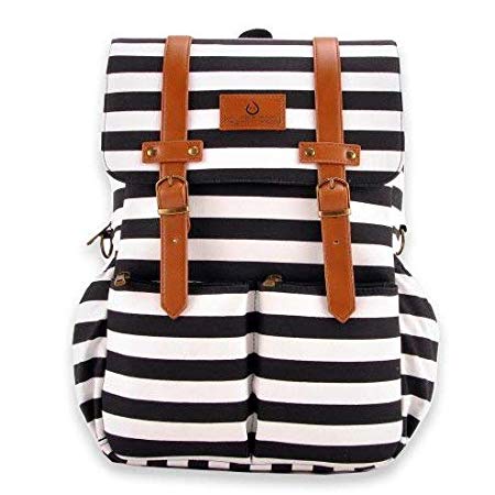 Kaydee Baby Unisex Canvas Diaper Bag Backpack w/Stroller Straps and Changing Pad - Diaper Backpack for Men and Women (Black and White)