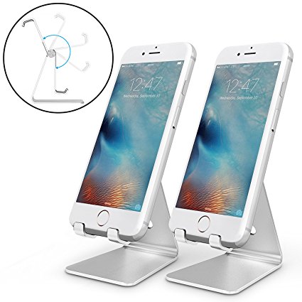 OMOTON Adjustable Cell Phone Stand, [2 Pack] Aluminum Desktop Cellphone Stand with Anti-Slip Base and Convenient Charging Port, Fits All Smart Phones, Silver