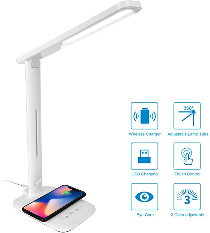 LED Desk Lamp with 10W Fast Qi Wireless Chargeing Compatible with iPhone Samsung Galaxy Phones/Note, Dimmable Reading Table Lamp Touch Control, 3 Color Modes with USB Charging Port