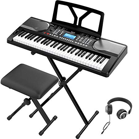 RIF6 Electric 61 Key Piano Keyboard - with Over Ear Headphones, Music Stand, Digital LCD Display, Teaching Modes and Adjustable Stool - Musical Instruments Starter Set for Kids and Adults