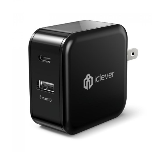 USB C Charger, iClever BoostCube 30W Dual Ports USB Wall Charger with USB-C and SmartID for Nexus 6P / 5X, iPhone, iPad and More, Black