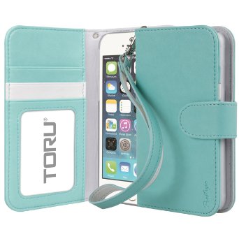 iPhone 5S Case, TORU [Prestizio Wallet] iPhone SE Wallet Case with [CARD SLOT][ID HOLDER][KICKSTAND][WRIST STRAP] - Premium Wristlet Leather Flip Cover Case for Apple iPhone 5/5S/SE - Mint