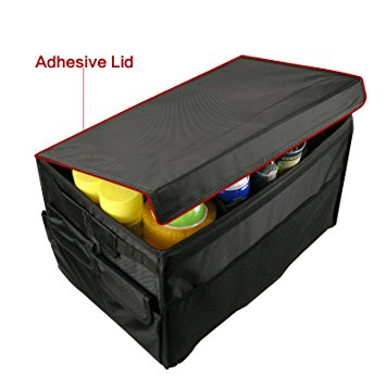 GOGOLO Large Heavy Duty Auto Trunk Organizer Can with Lid For Car, SUV, Truck - Durable Collapsible Cargo Storage - Non Slip Bottom Bases to Prevent Sliding Foldable ADHESIVE WATERPROOF SEAL COVER