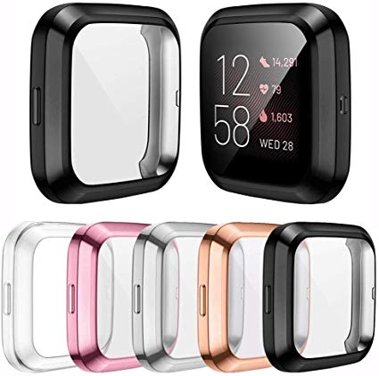 [5-Pack]Screen Protector Case Compatible with Fitbit Versa 2 Smartwatch, All-Around TPU Plated Protective Cover Scratch Resistant Bumper Shell Accessories (Clear Silver Black Pink Rose Gold, Versa 2)