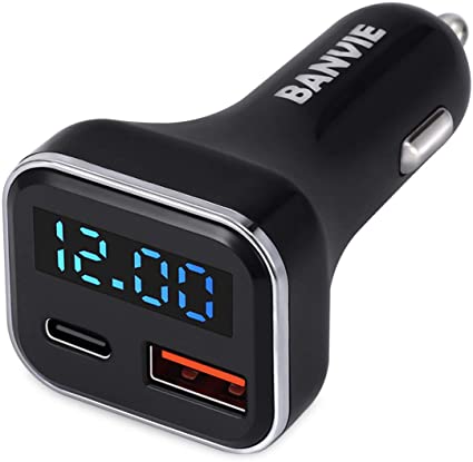 BANVIE USB C Car Charger with LED Voltage Display, 30W 2-Port Fast Charging Adapter with PD3.0&QC3.0 Compatible with iPhone 12 Pro Max/11 Pro Max/XS/XR, Samsung S10 Note 10 Pixel 3/2/XL and More