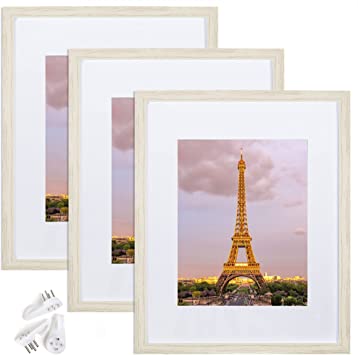 upsimples 11x14 Picture Frame Set of 3,Made of High Definition Glass for 8x10 with Mat or 11x14 Without Mat,Wall Mounting Photo Frame Rustic White