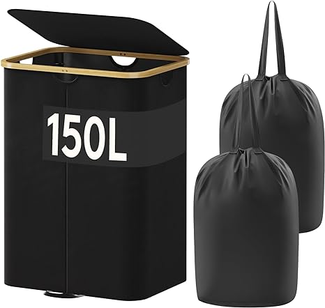 Lifewit 150L Double Laundry Hamper with Lid, Large Laundry Basket with Bamboo Handles and Removable Laundry Bags, Foldable Clothes Hampers for Laundry for Bedroom, Bathroom, Dorm, Laundry Room, Black