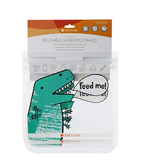 Full Circle ZipTuck Kids, Reusable Sandwich Bags, 2 Pack, Dinosaur