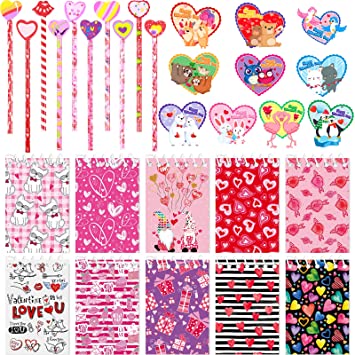 10 Pieces Valentine’s Day Notepads 10 Pieces Valentines Greeting Cards and 10 Pieces Pencils with 10 Pieces Erasers Valentine Stationery Sets for Valentine Classroom Kids Party Favors School Supply