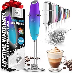 Zulay Kitchen Tornado Whisk Milk Frother Handheld - Coffee Frother Wand With Stand - Triple Whisk Hand Held Mixer - Electric Stirrer Frothing Wand for Latte, Matcha, Protein Powder - Purple Teal Fade