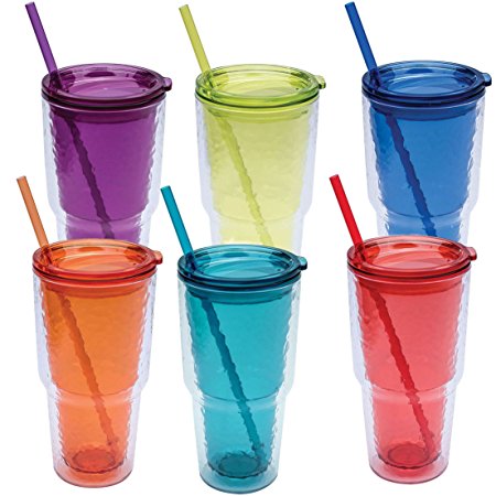 24 oz. Multicolor Double Wall Hammered Sipper Tumblers (Set of 6)