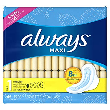 Always Maxi, Size 1, Regular Pads with Wings, Unscented, 45 Count