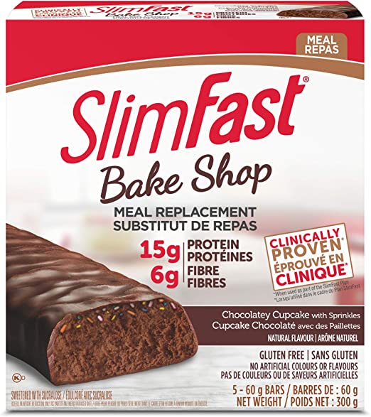 Case of 12 Boxes of Slimfast Bake Shop Meal Replacement Bars, with 15g of Protein & 5g Fiber, 5 - 60g Bars per Box and 12 Boxes per case = 60 Bars Total; Bake Shop Chocolatey Cupcake Bar